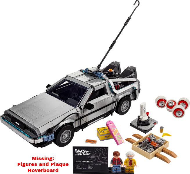 LEGO 10300 photo noting the missing figures, plaque and hoverboard