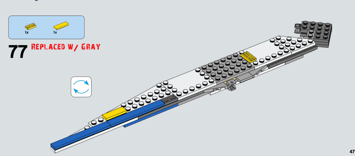 Instruction step 77 showing two yellow tiles replaced with gray on this used LEGO 75155 set