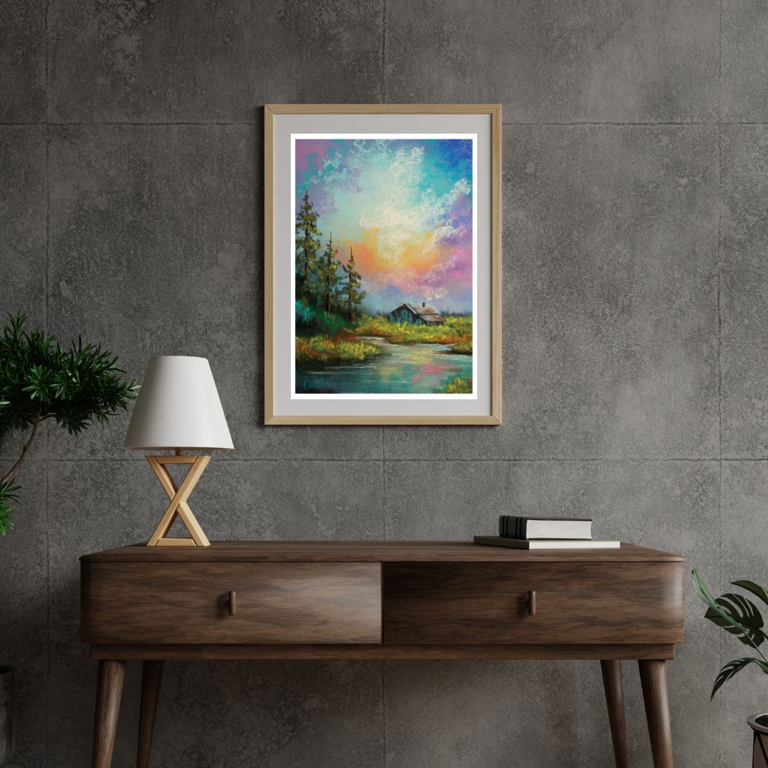 High-Resolution Chalk Landscape Digital Download - Cabin in the Painted Sky