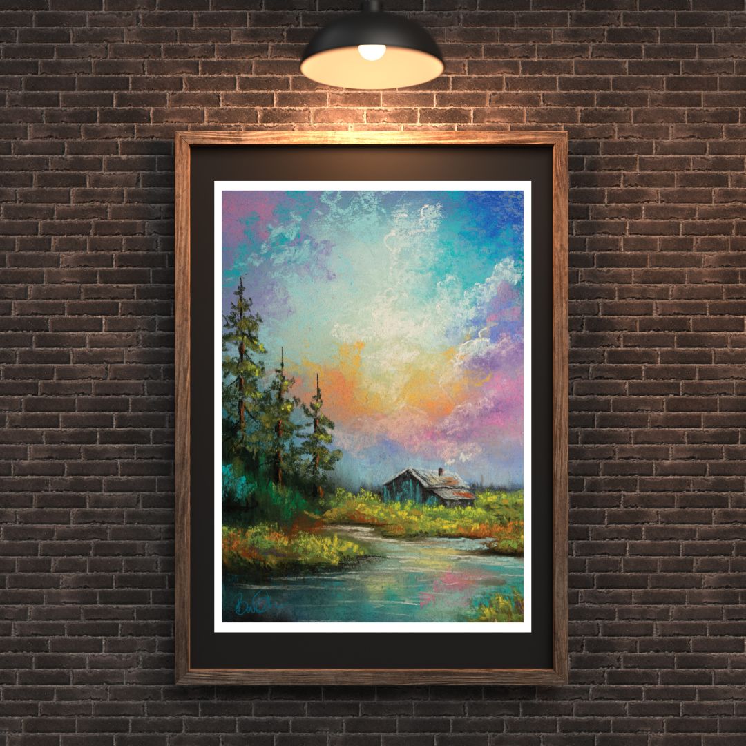High-Resolution Chalk Landscape Digital Download - Cabin in the Painted Sky