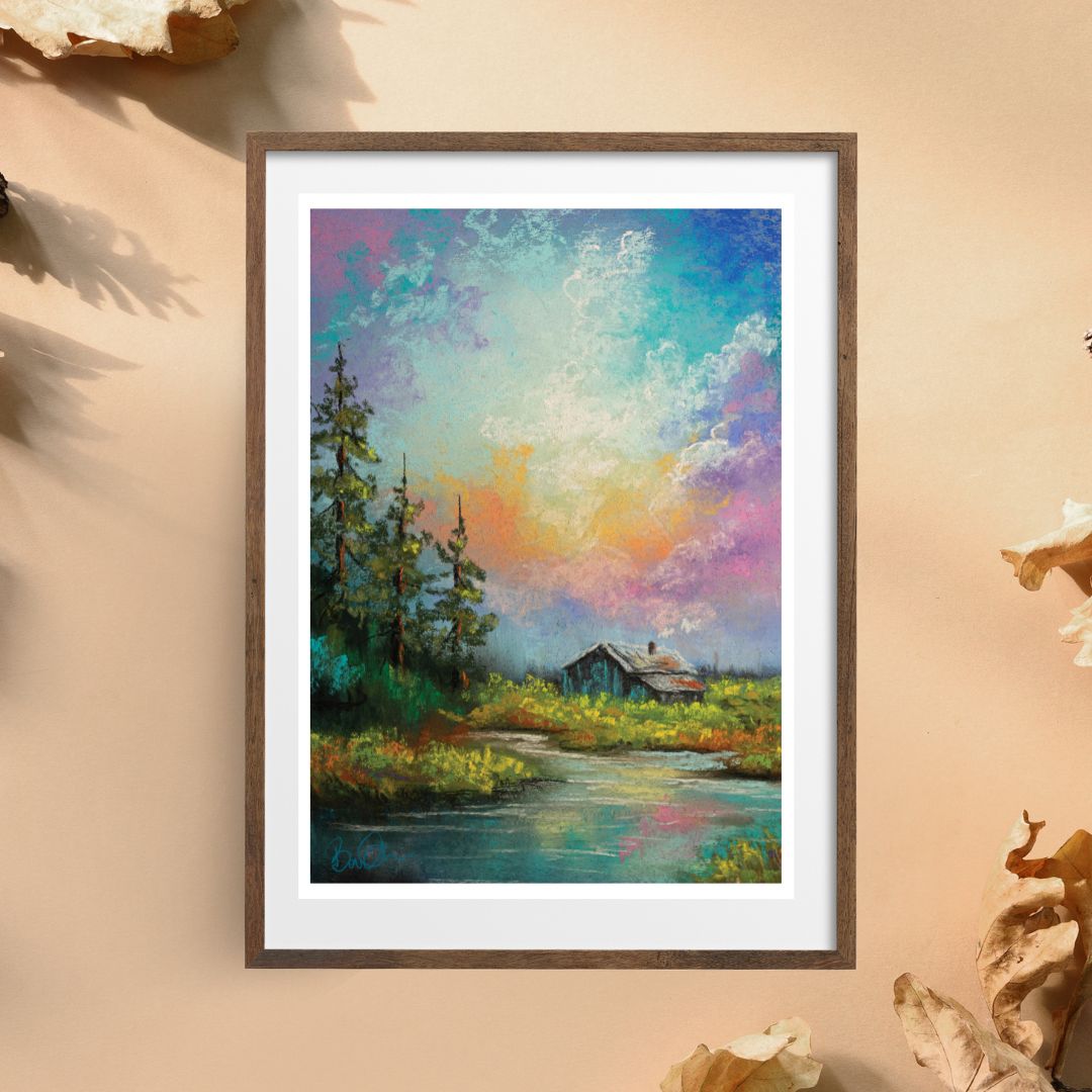 High-Resolution Chalk Landscape Digital Download - Cabin in the Painted Sky