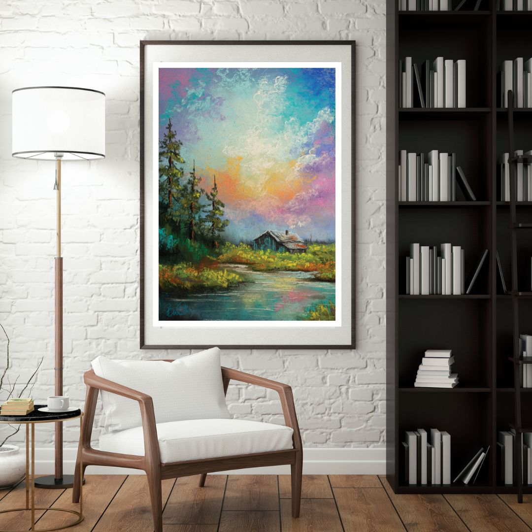 High-Resolution Chalk Landscape Digital Download - Cabin in the Painted Sky